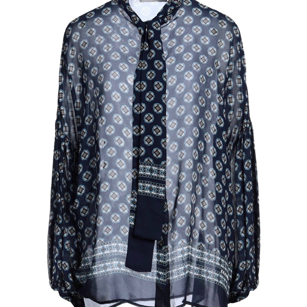 Sheer Navy Printed Tie-Neck Blouse